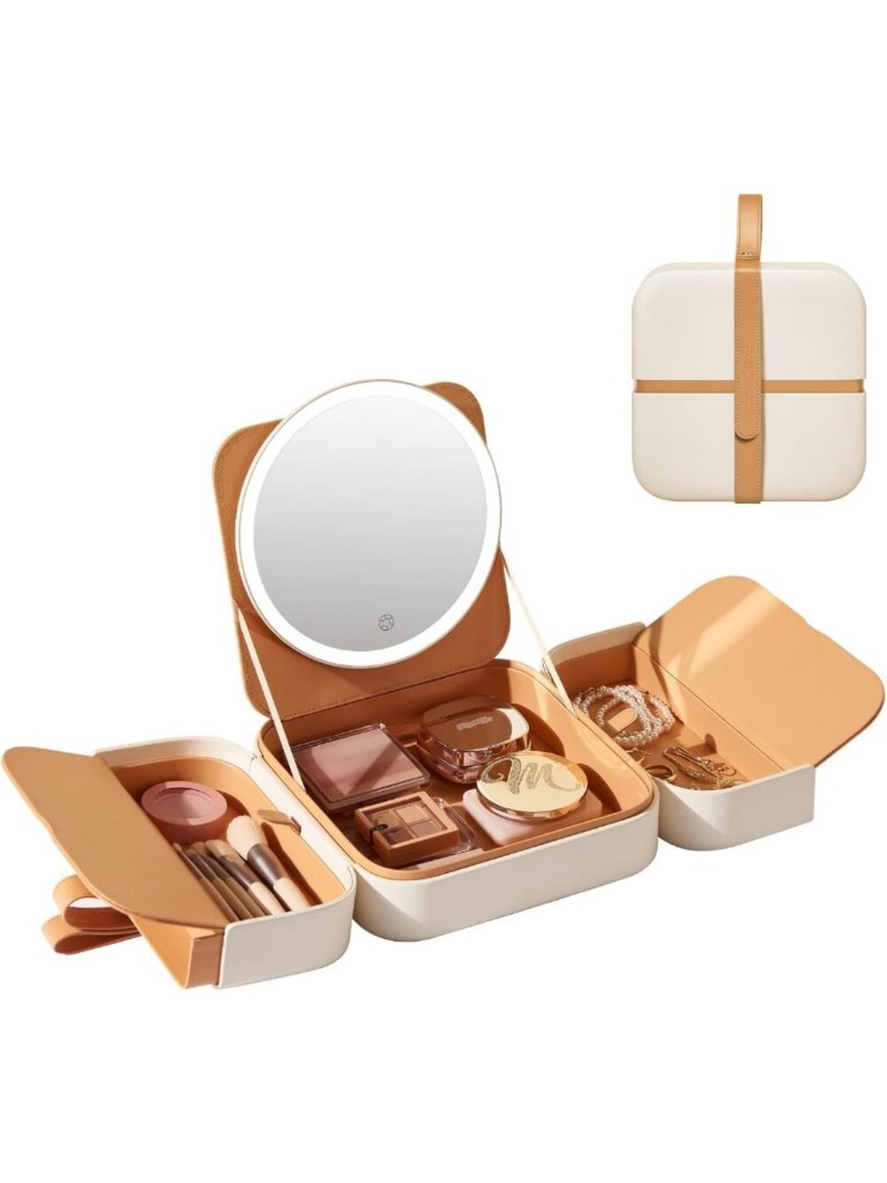Stylish Leather Travel Makeup Bag with LED Mirror, Cream - Perfect for